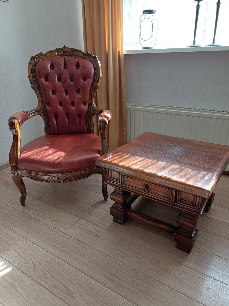 2 Barok Fauteuils met antiek tafeltje, Ophalen, Gebruikt, Barok, 75 tot 100 cm