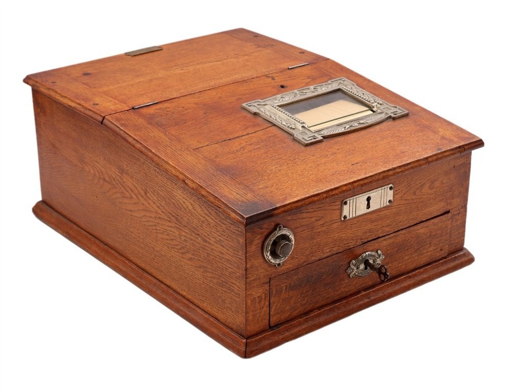 eikenhouten schrijfkassa uit circa 1890-1910, Antiek en Kunst, Ophalen of Verzenden