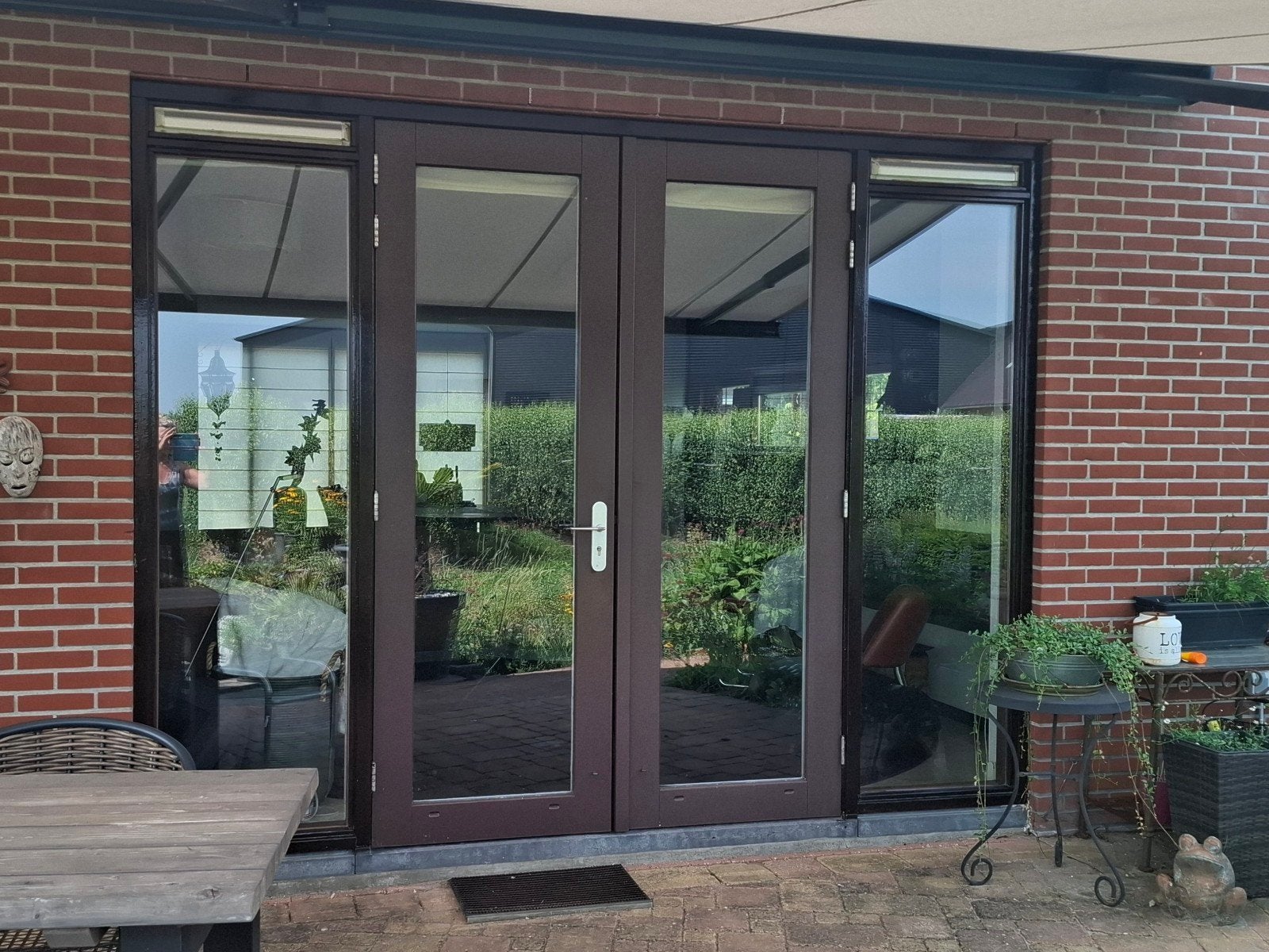 Houten kozijnen pui met openslaande deuren en zijramen, Ophalen, Gebruikt, Buitendeur, Glas