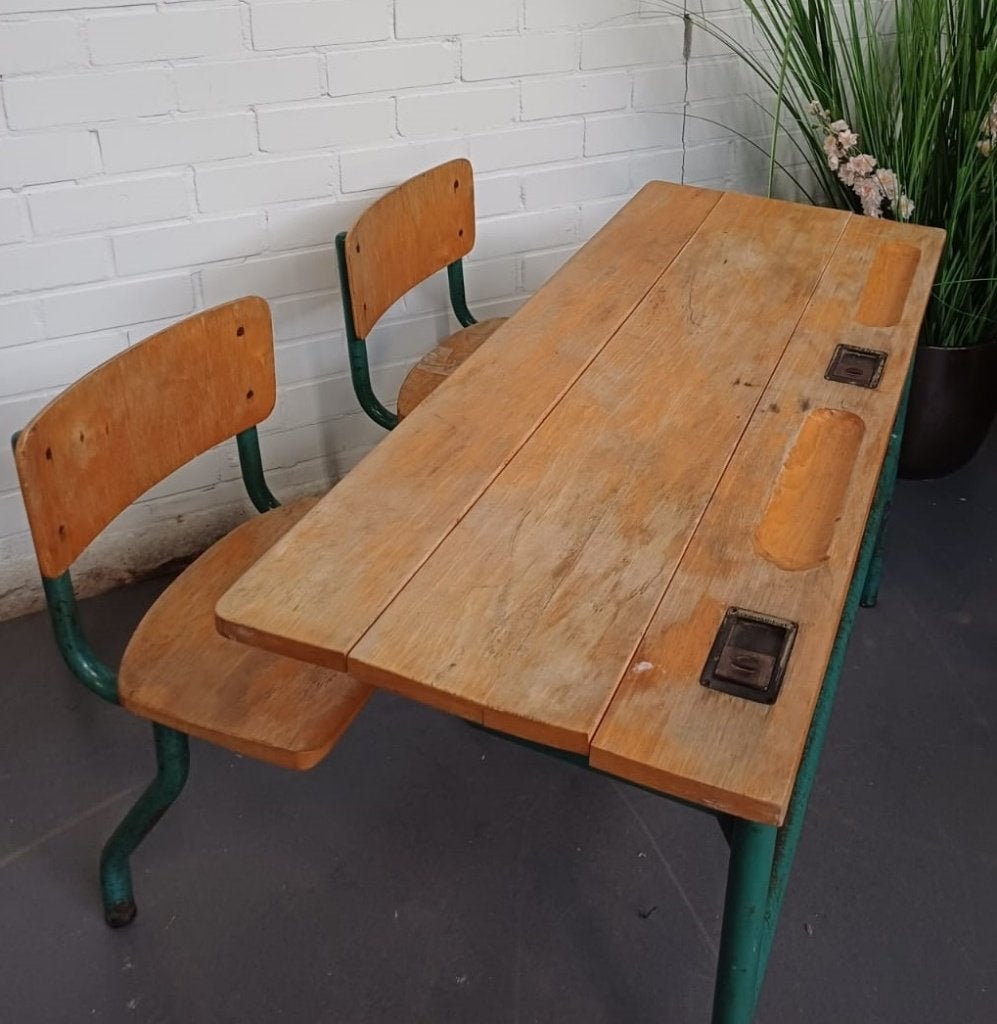 Vintage Schoolbank duo kinder tafel - dubbel, Ophalen