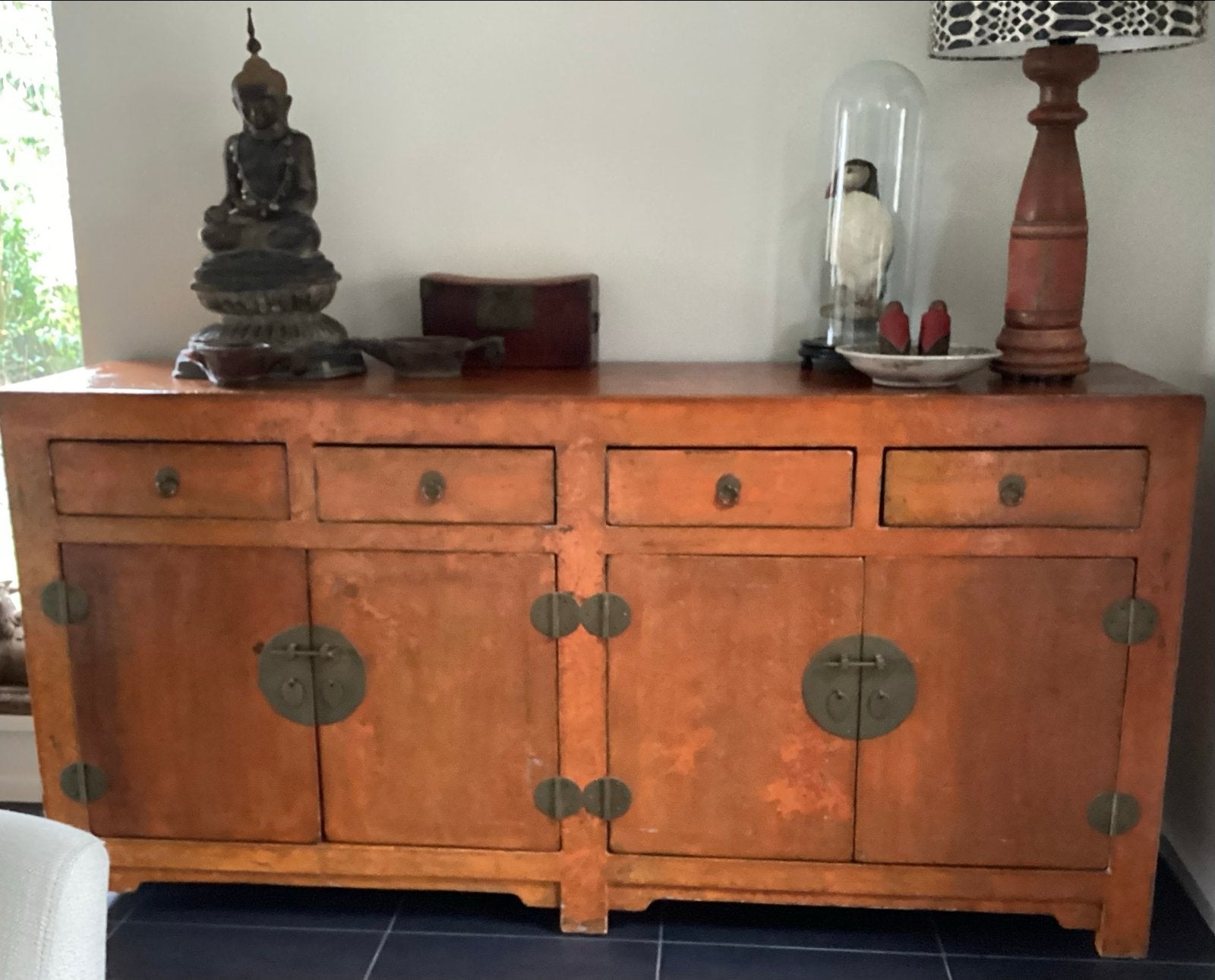 Antiek Chinees dressoir - Oranje craquelé, Ophalen, Gebruikt, 150 tot 200 cm, Met lade(s)