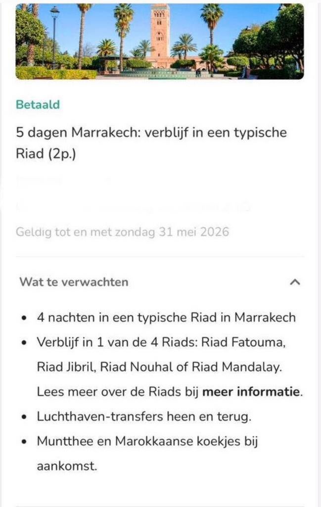 5 dgn Marrakech incl hotel, Tickets en Kaartjes, Hotelbonnen, Twee personen, 3 overnachtingen of meer