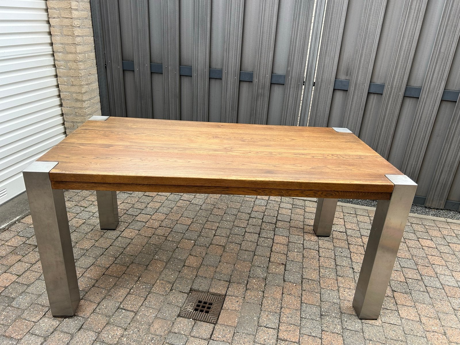 Massief eiken eettafel met RVS poten (160x84 cm), Huis en Inrichting, Tafels | Eettafels, Ophalen, Gebruikt, Eikenhout, 50 tot 100 cm