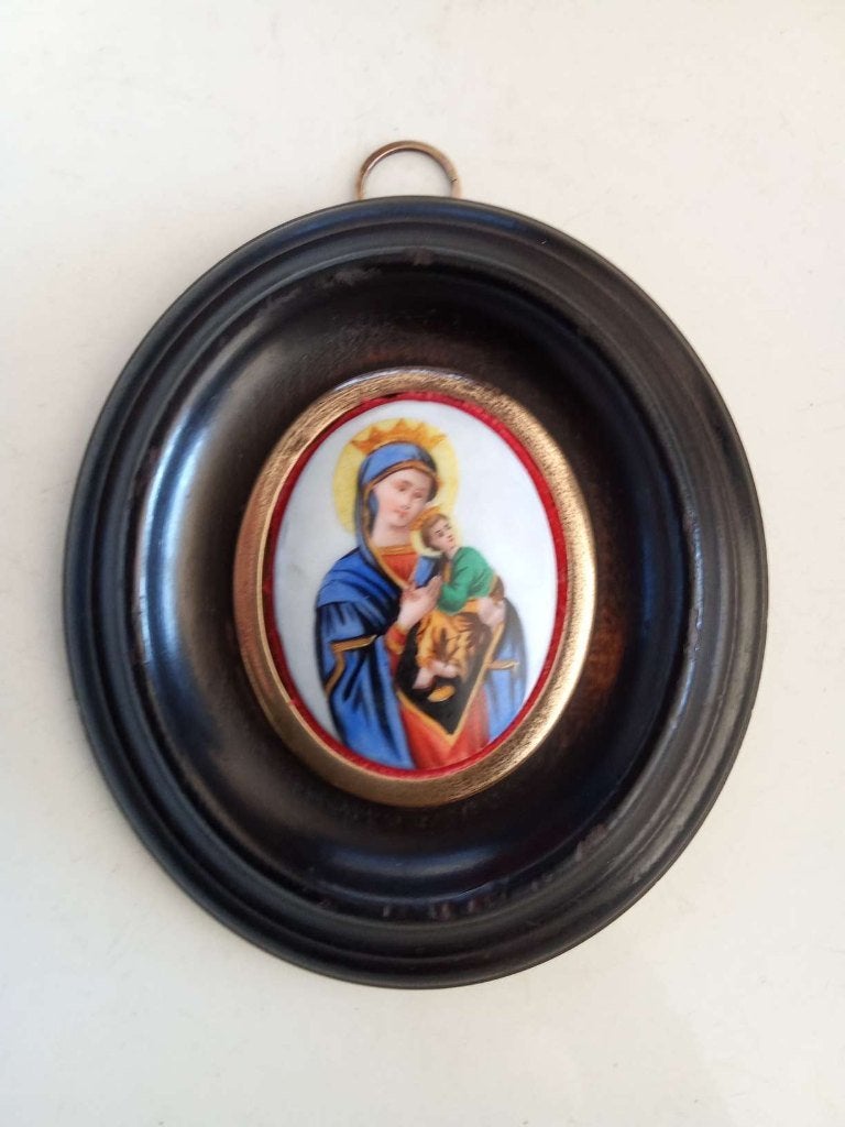 Maria met Kindje Jezus miniatuurschilderij op porselein, Ophalen of Verzenden, Gebruikt, Overige typen, Christendom | Katholiek