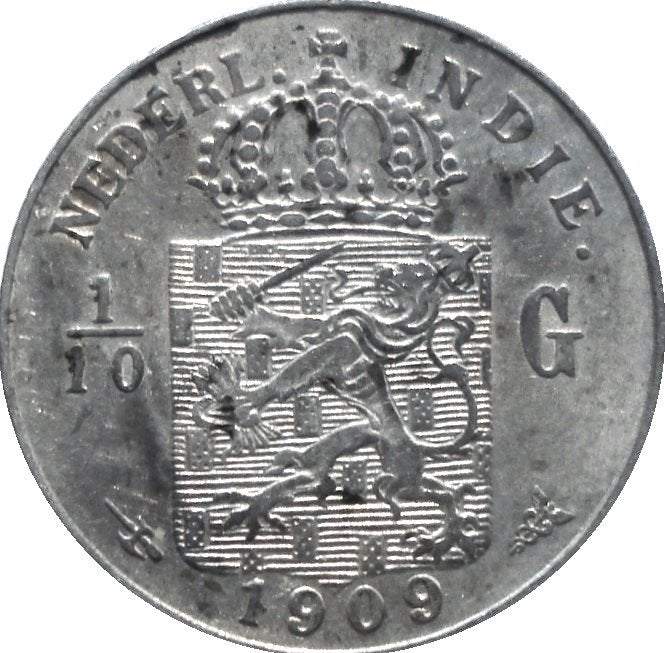 Nederlands-Indië 1/10 gulden 1909 (UNC, zilver), Ophalen of Verzenden, Zuidoost-Azië, Losse munt, Zilver