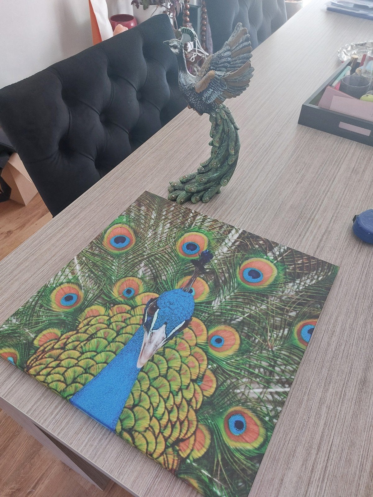 Pauw canvas 38x38 en pauw beeldje, Ophalen, Meerkleurig, Overige stijlen, Zo goed als nieuw