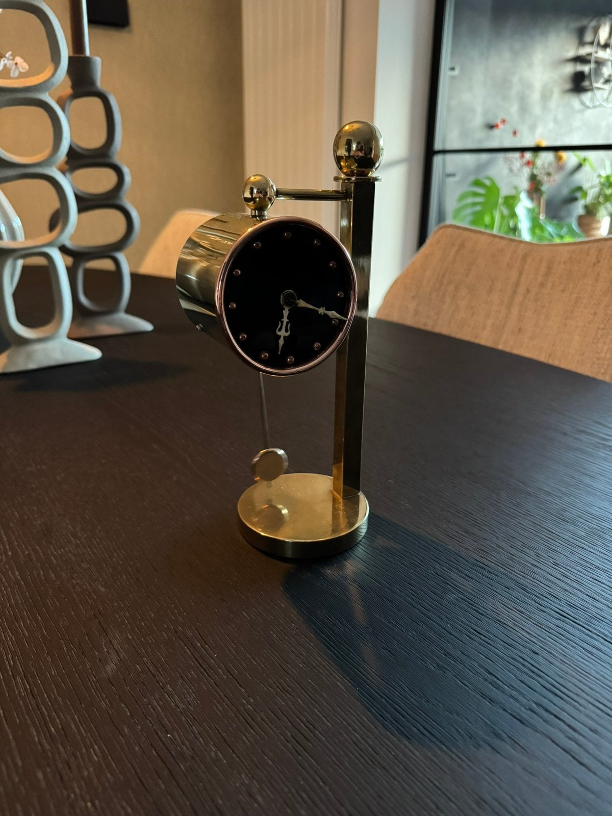 Vintage design pendule/tafel klok van messing – werkend, Antiek en Kunst, Ophalen of Verzenden