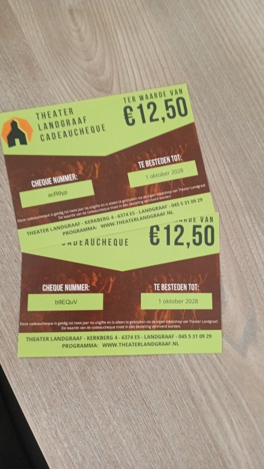 2 cadeaukaarten theater Landgraaf, Tickets en Kaartjes, Eén persoon