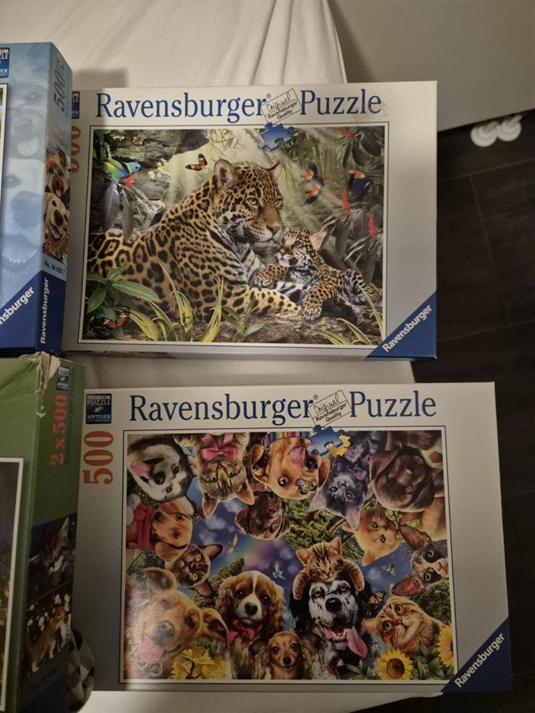 Ravensburger Puzzels: Katten, Honden & Luipaarden (4 stuks), Ophalen of Verzenden, 500 t/m 1500 stukjes, Gebruikt, Legpuzzel