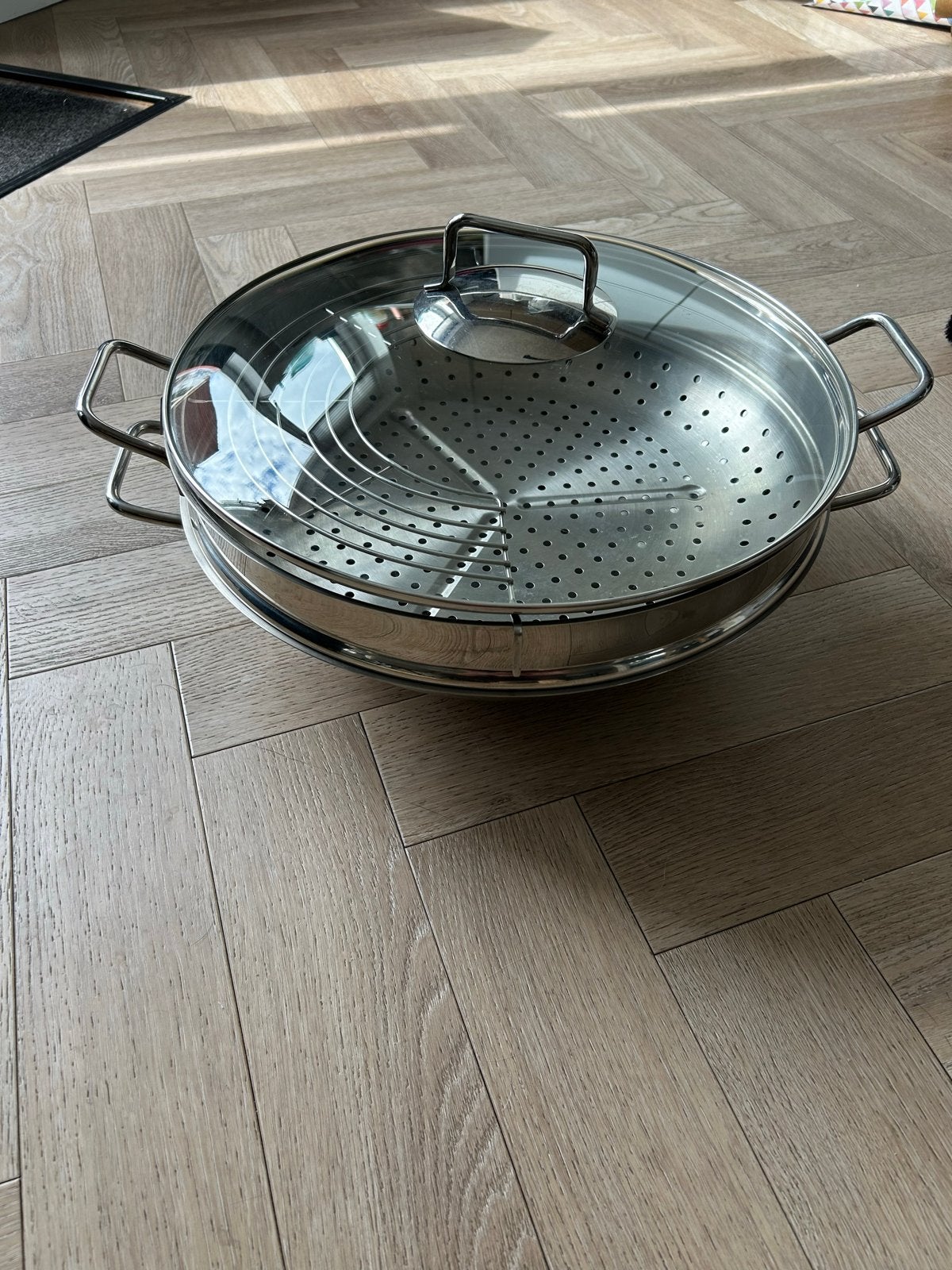 WMF Wokpan met stoominzet en rekje - Chromargan staal, Ophalen, Gebruikt, Met deksel, Wok