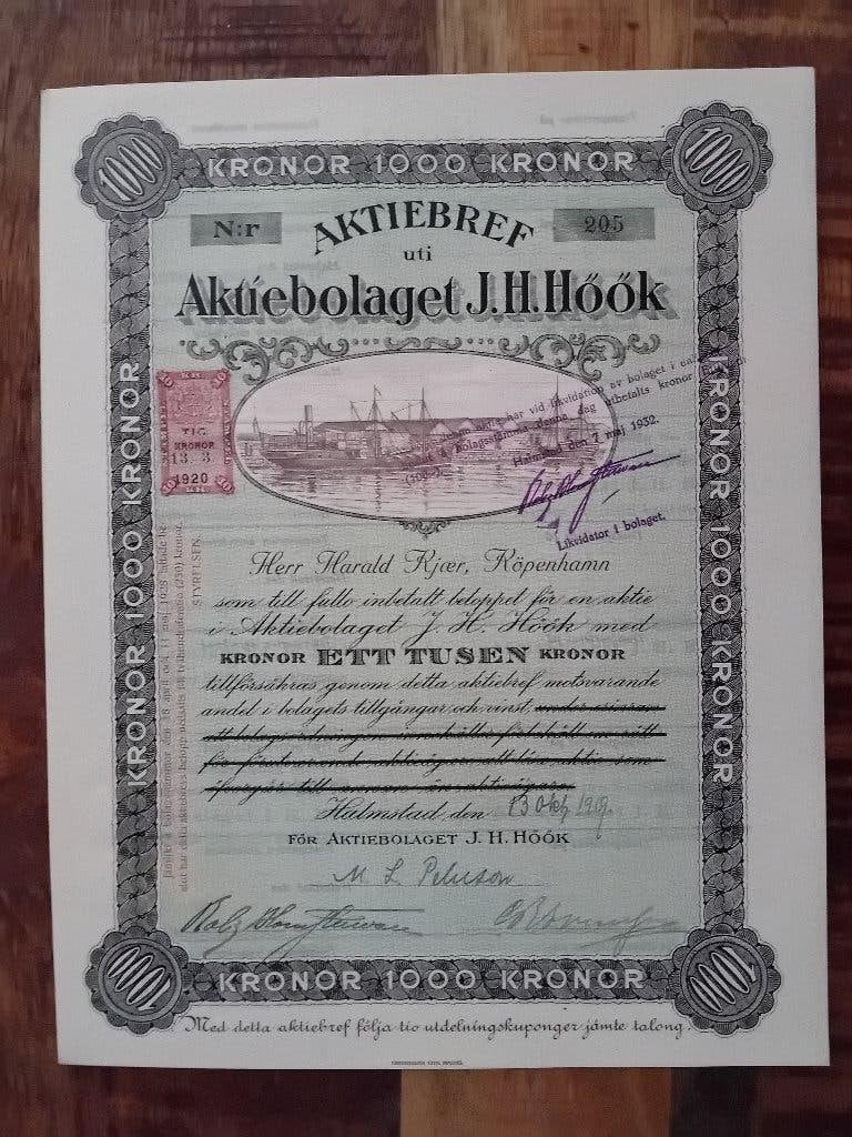 Scheepvaart aandeel Zweden - 1919, Verzamelen, Scheepvaart, Ophalen of Verzenden, Zo goed als nieuw, Motorboot of Zeilboot, Kaart, Foto of Prent