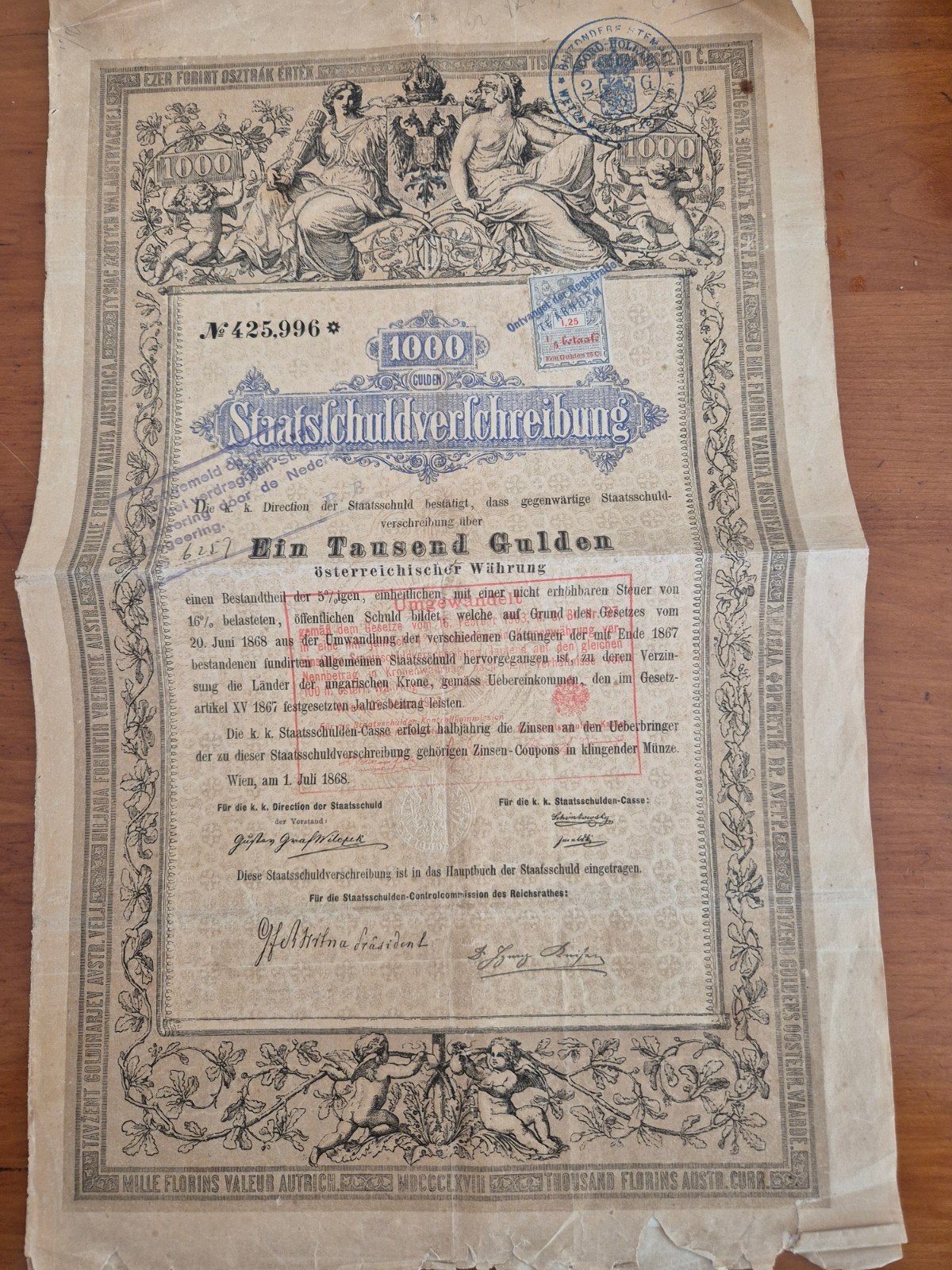 NEDERLAND 1868 PLAKZEGEL 1/5 BETAALD 1,25 OP STAATSCHULD, Ophalen of Verzenden, Overige thema's