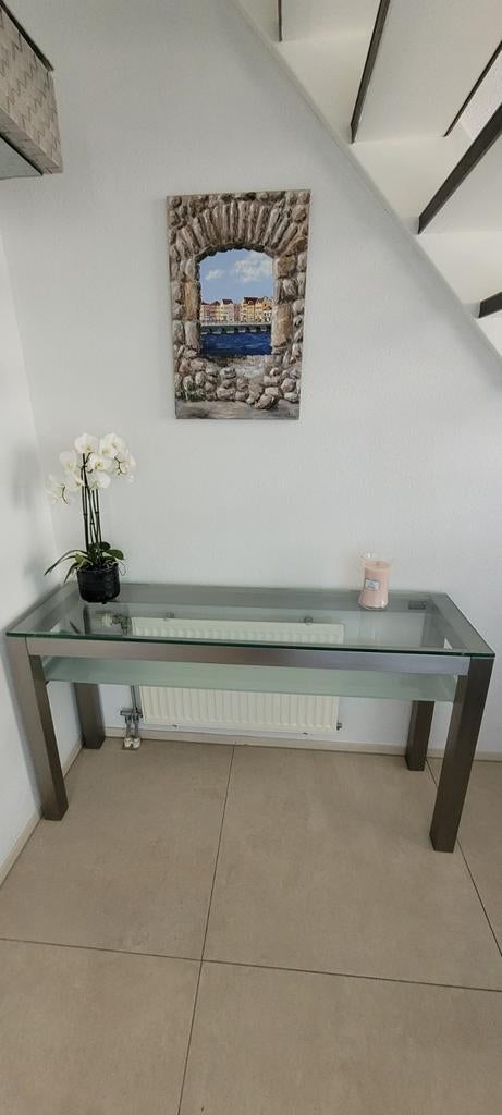 Nieuw Design glazen sidetable rvs poten, Ophalen, 100 tot 150 cm, Nieuw, Glas