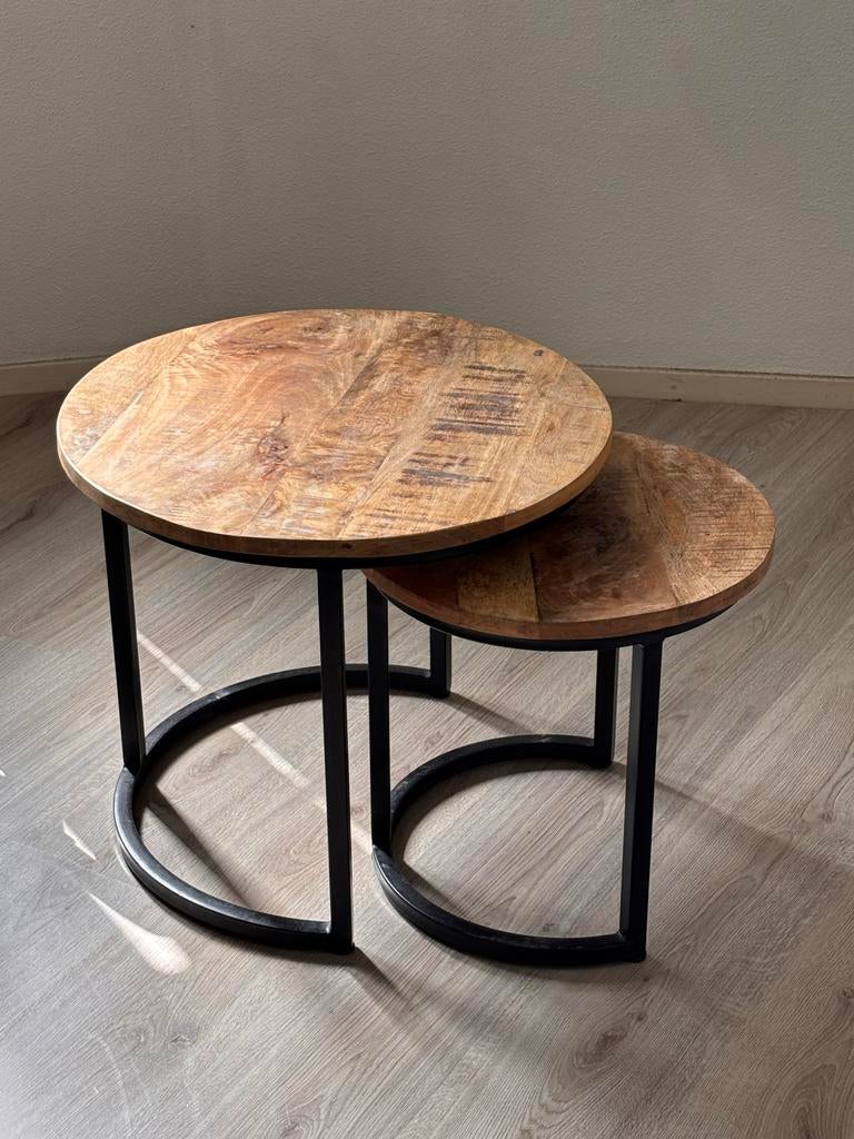 Set van 2 ronde salontafels van mangohout en metaal, Huis en Inrichting, Tafels | Salontafels, Ophalen, Minder dan 50 cm, 50 tot 100 cm