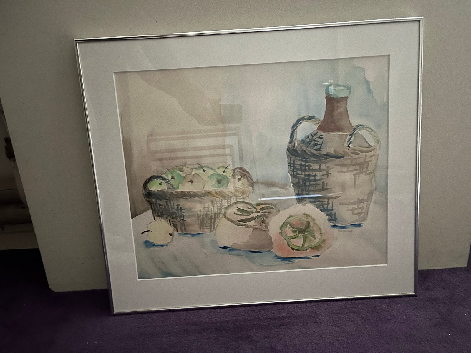 Ingelijste aquarel: Stilleven met fruit en fles, Ophalen, Tekening, Aquarel, Achter glas