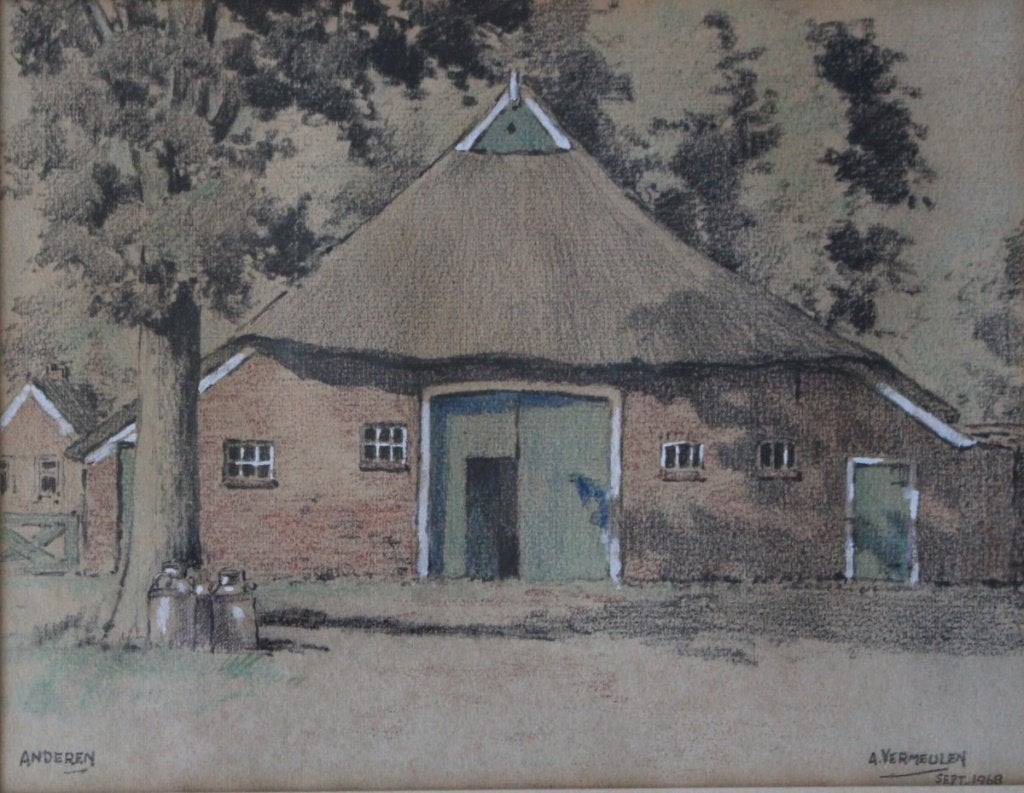 Anderen Drenthe. A. Vermeulen,  Boerenerf met melkbussen., Ophalen of Verzenden, Klassiek, Aquarel, Papier