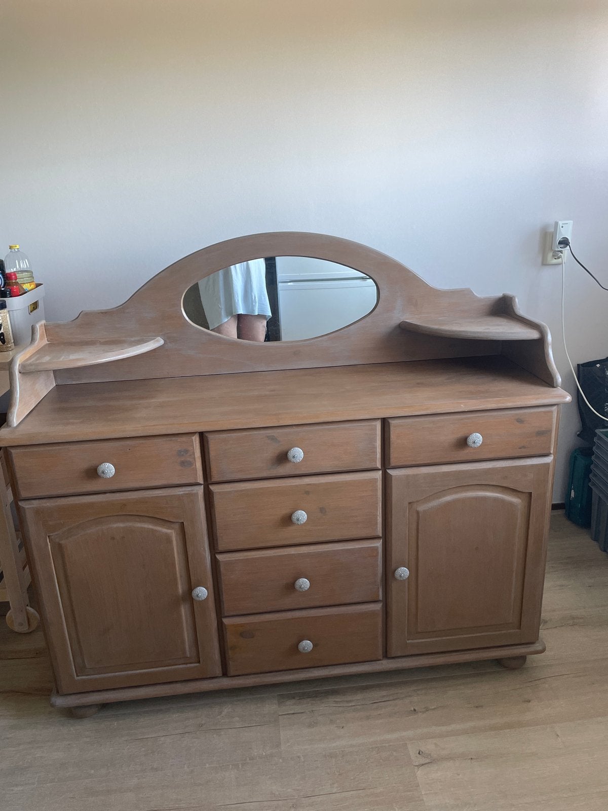 Grenen dressoir/commode met spiegelopzetstuk, Huis en Inrichting, Ophalen, Gebruikt, 100 tot 150 cm, Met lade(s)