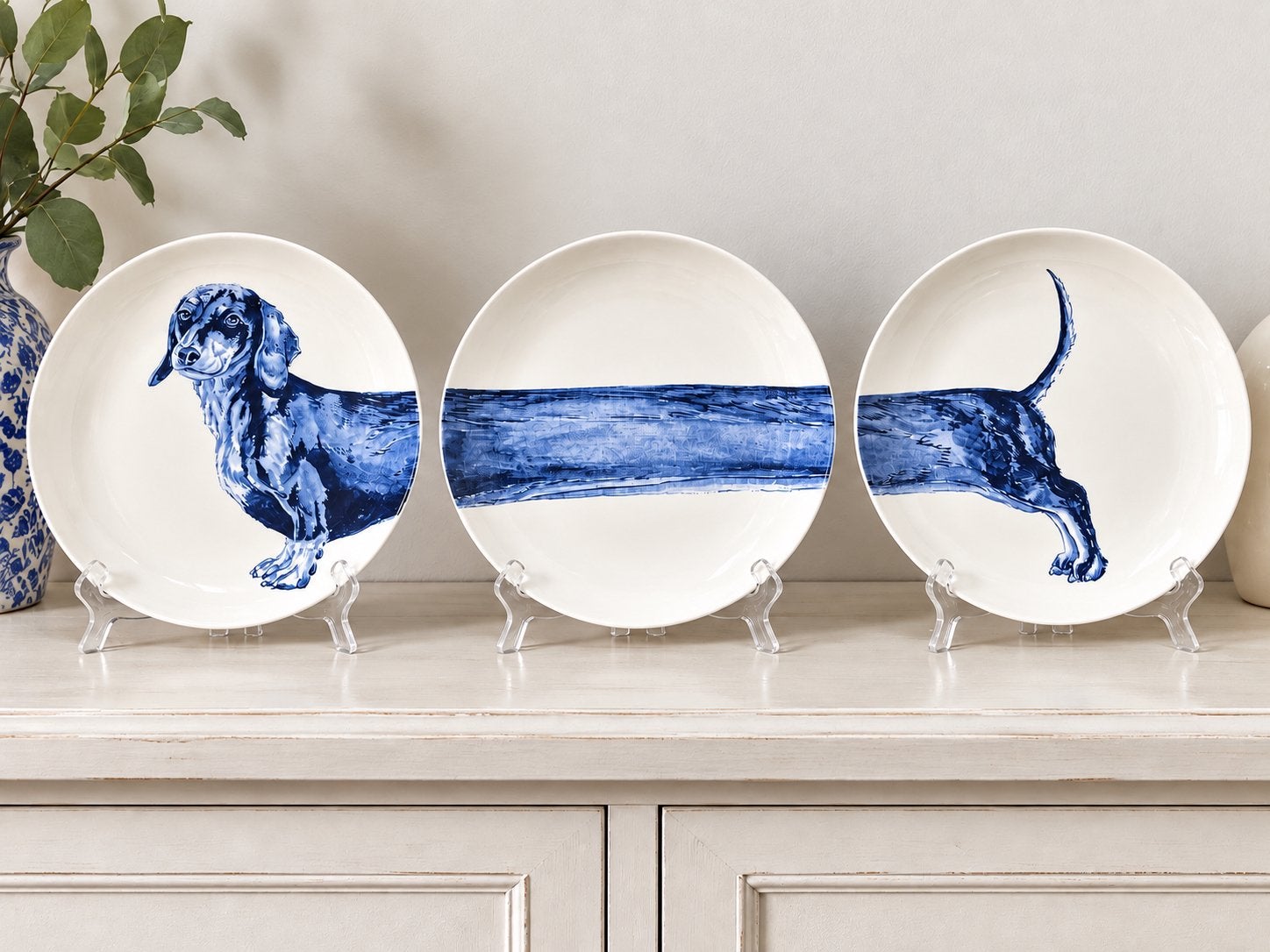 Heinen Delfts Blauw Teckel Borden (set van 3), Huis en Inrichting, Overige merken, Keramiek, Nieuw, Ophalen of Verzenden