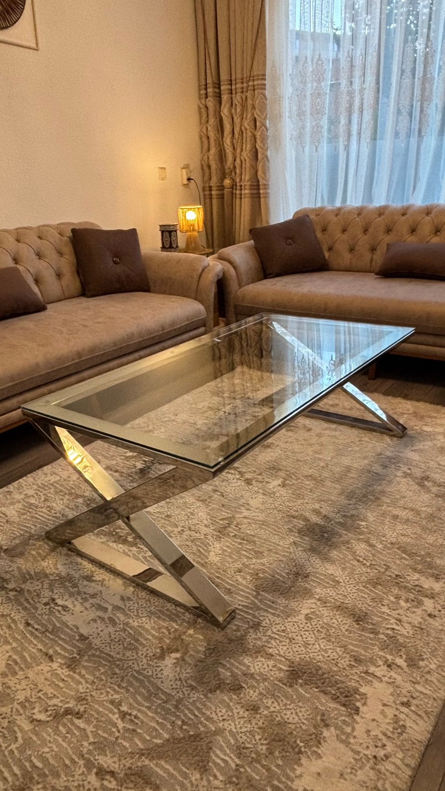 Luxe glazen salontafel met RVS/chroom onderstel, Ophalen, 100 tot 150 cm, 50 tot 100 cm, Rechthoekig