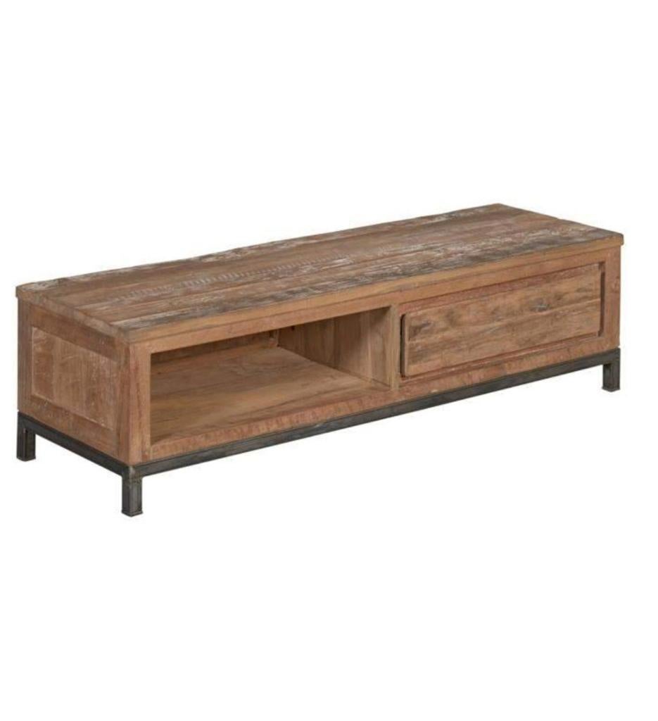 Teak tv meubel,metalen onderstel,stoer,robuust,industrieel, Ophalen, Teakhout, Zo goed als nieuw, Minder dan 100 cm