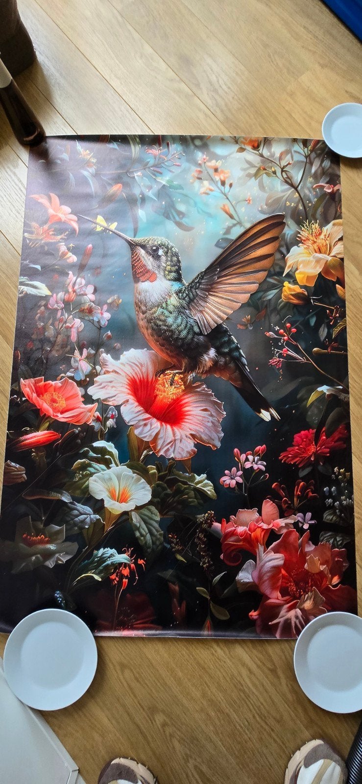 Kleurrijke afbeelding vogel met bloemen (kunststof) 80x120, Verzenden, 120 cm, Meerkleurig, Nieuw