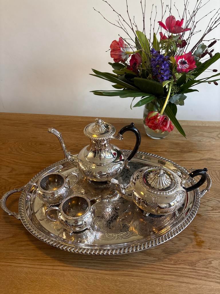 Antiek Verzilverd Theeservies en Koffieservies met Dienblad, Ophalen, Zilver