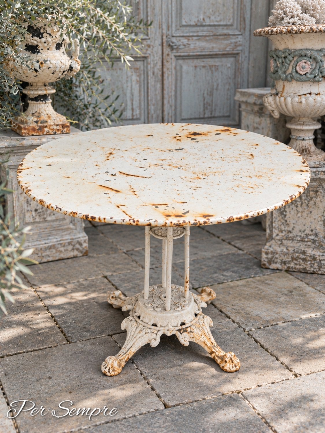Per Sempre, Prachtige Antieke Franse Tuintafel, Ophalen, Gebruikt, Rond, Metaal