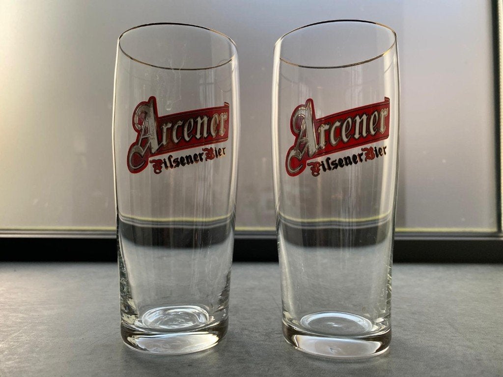 set van 2 oude Arcener bierglazen, Ophalen of Verzenden, Zo goed als nieuw, Glas of Glazen, Overige merken