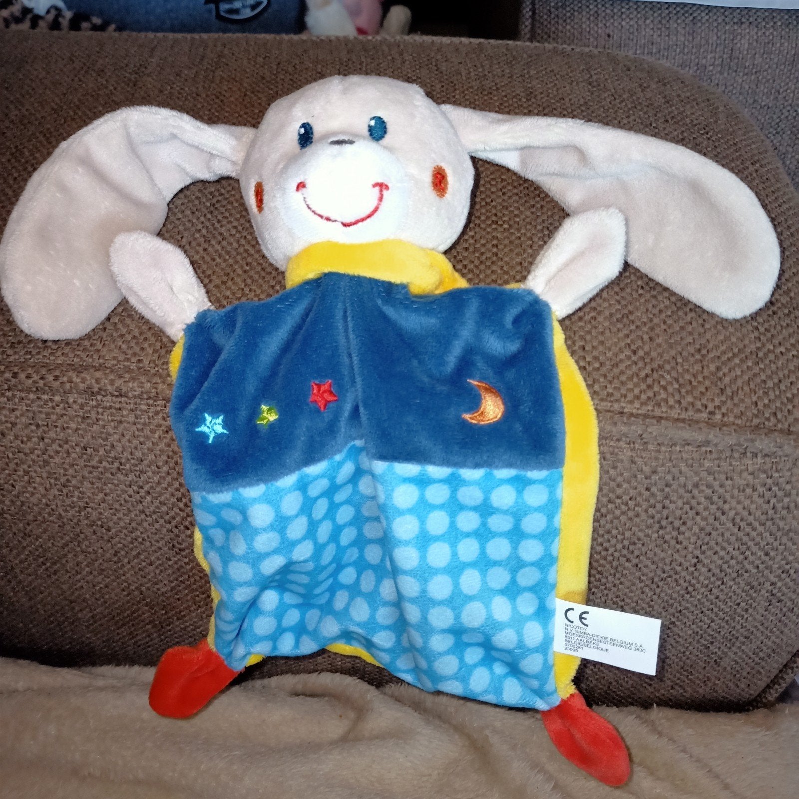 Nicotoy, simba-dickie konijnen kroeldoek, blauw geel rood., Kinderen en Baby's, Speelgoed | Knuffels en Pluche, Ophalen of Verzenden