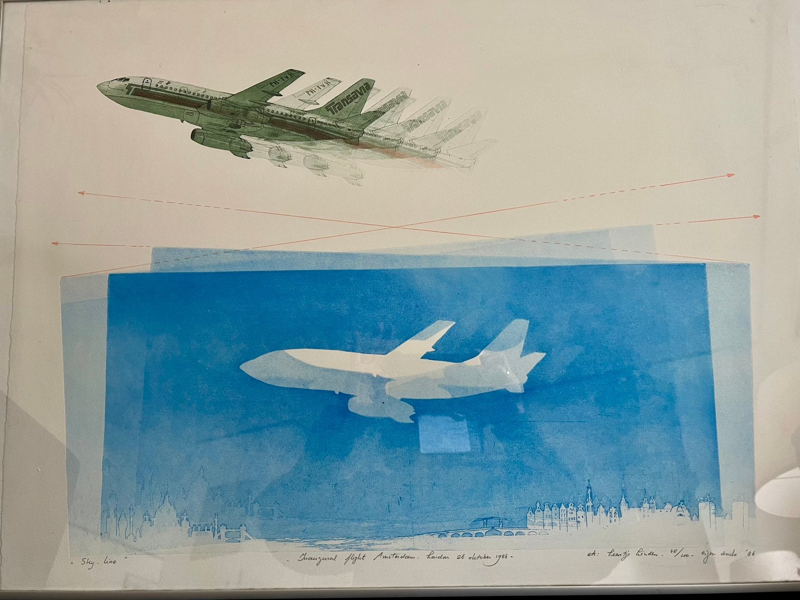 Transavia zeefdruk van Leentje Linders “Sky-line”, Antiek en Kunst, Ophalen