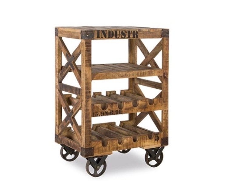 Vintage Wijnrek Trolley 'Ventura' van Hout, Ophalen, 50 – 75, 5 tot 15 flessen, Zo goed als nieuw