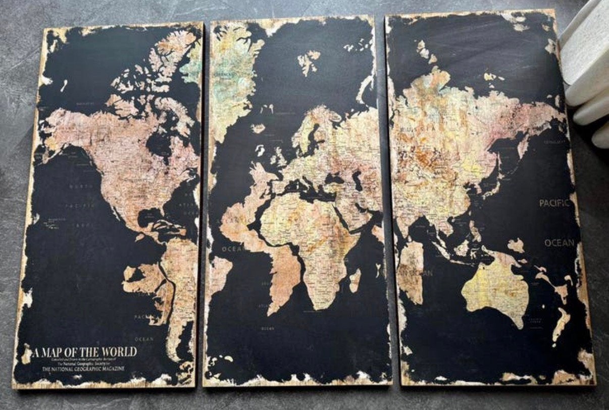 3 luik/drieluik wereldkaart schilderij, Ophalen, Zo goed als nieuw, Schilderij, 100 tot 125 cm