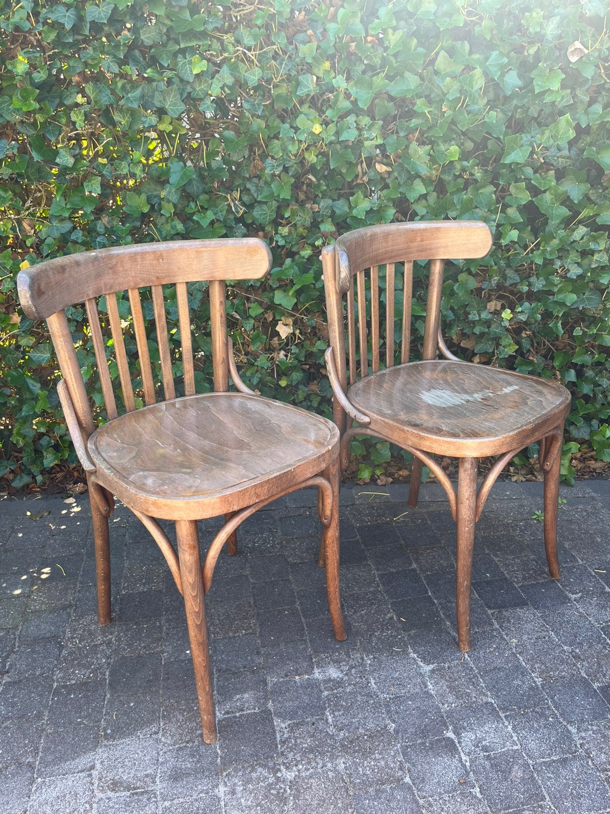 2 vintage café stoelen, Huis en Inrichting, Stoelen, Ophalen, Gebruikt, Twee, Bruin