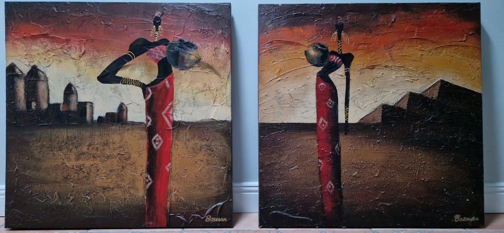 2x  schilderij met Afrikaanse vrouw en landschap, Ophalen