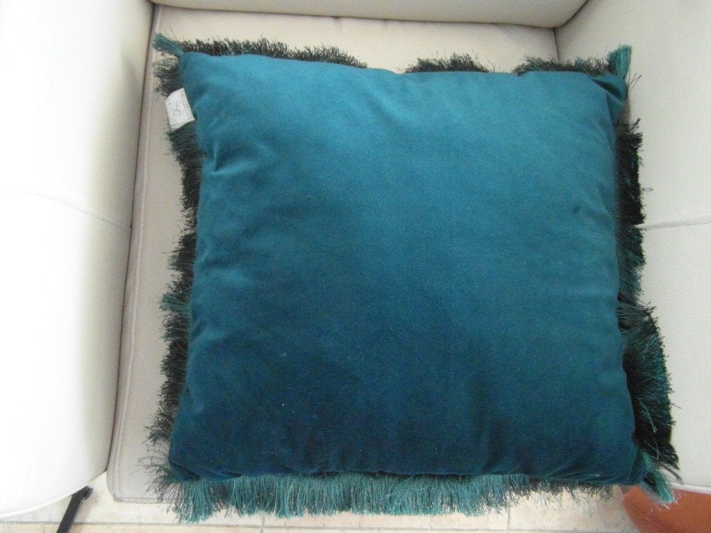 1 groen velours sierkussen Pinelake lodge  + franje 45 x 45, Ophalen of Verzenden, Zo goed als nieuw, Groen, Vierkant