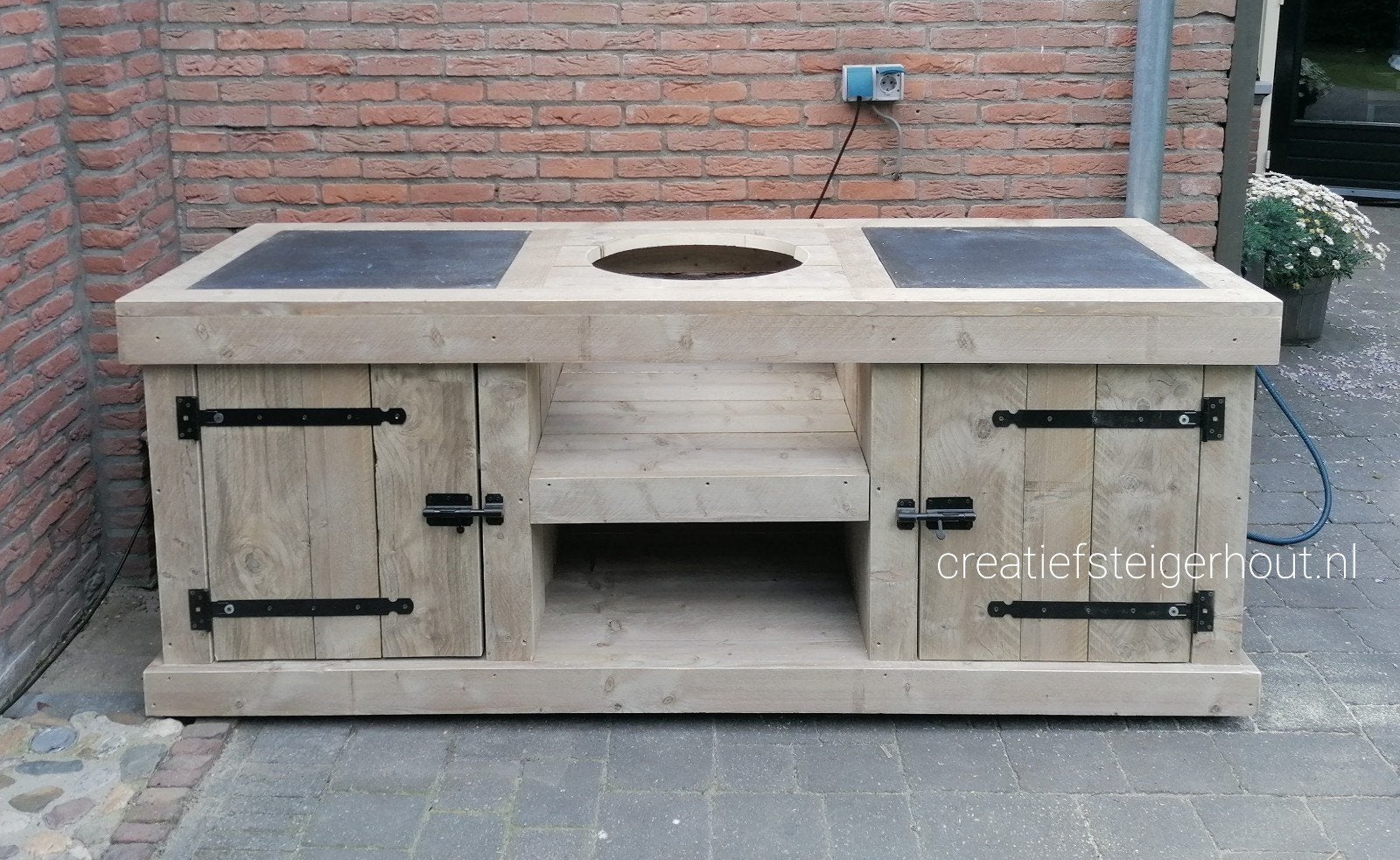 Steigerhouten buitenkeuken wielen keramische tegels buiten, Verzenden, Nieuw, Houtskool, Inbouw
