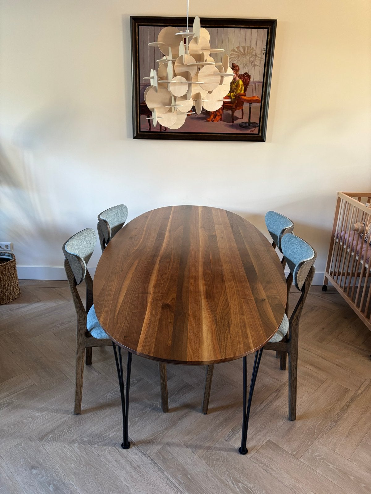 Ovale eettafel walnoot met Fritz Hansen poten 200x90cm, Ophalen, Gebruikt, 50 tot 100 cm, Vijf personen of meer