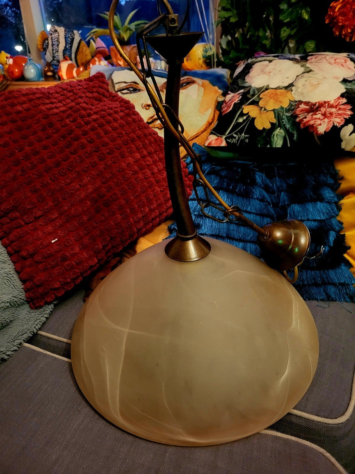 "Masterlight" Hanglamp | Brons & Albastglas 50x43cm, Ophalen of Verzenden, Zo goed als nieuw, Glas