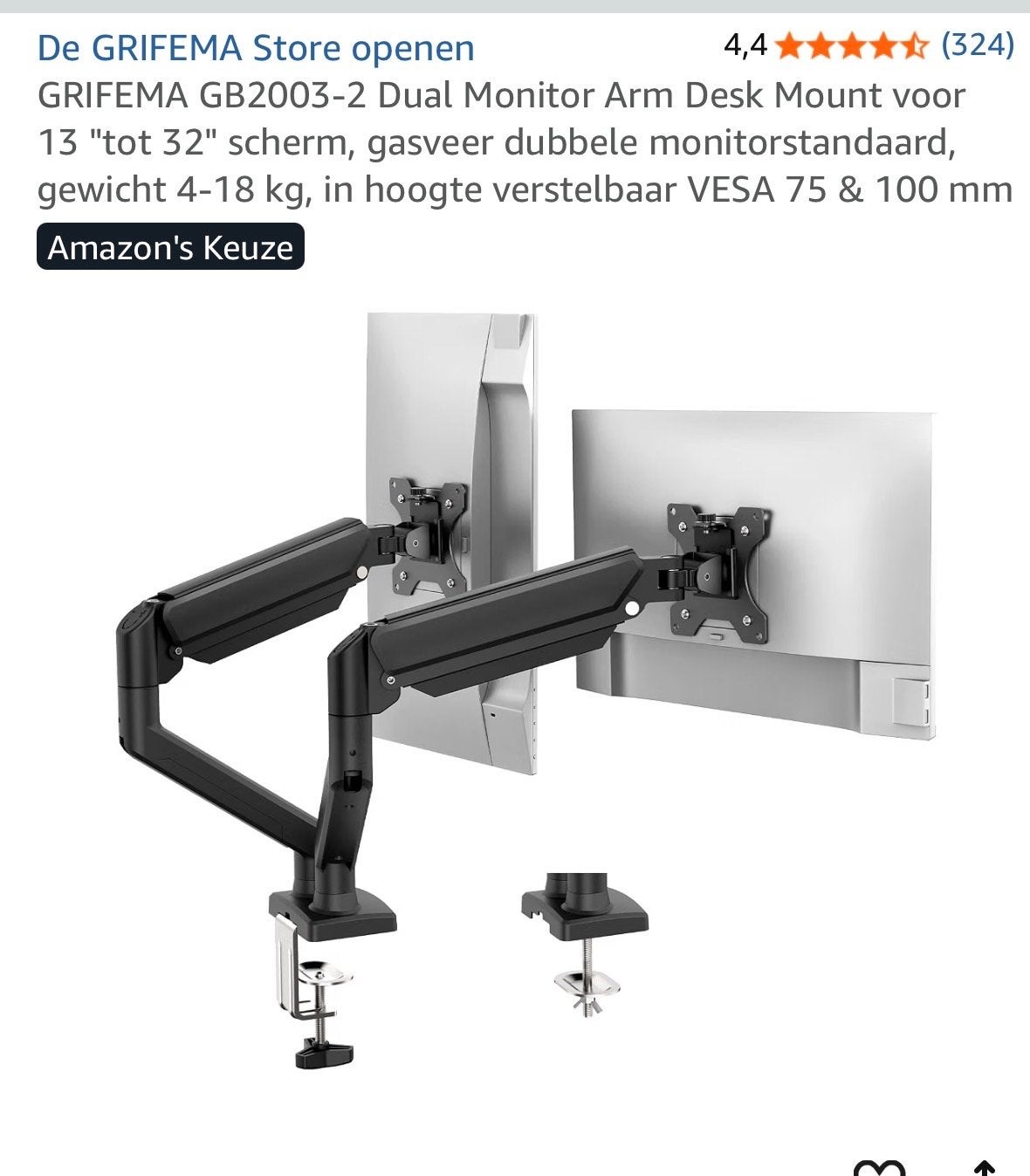 GRIFEMA GB2003-2 Dubbele Monitor Arm Desk Mount, Computers en Software, Monitoren, Ophalen of Verzenden, Gebruikt
