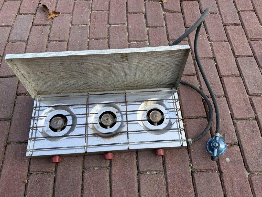 Camping gasfornuis 3-pits met gasfles en drukregelaar, Ophalen, Gebruikt
