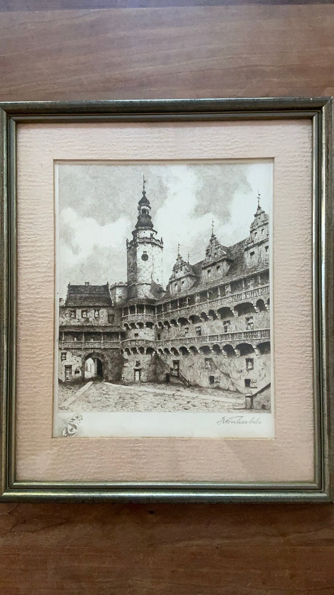 Oude ets van kasteel, gesigneerd, ingelijst, 1800 - 1899, Ets, Architectuur, Ophalen of Verzenden