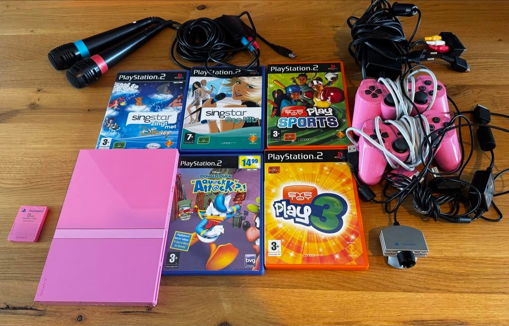 Roze PS2 Slim Compleet Pakket - 2 Controllers, Microfoons, C, Met 2 controllers, Ophalen of Verzenden, Roze, Slim
