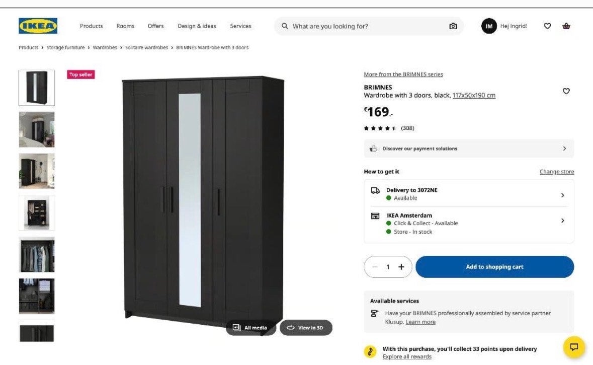 IKEA BRIMNES Kledingkast met 3 deuren, zwart, 100 tot 150 cm, Ophalen of Verzenden, Zo goed als nieuw, 150 tot 200 cm