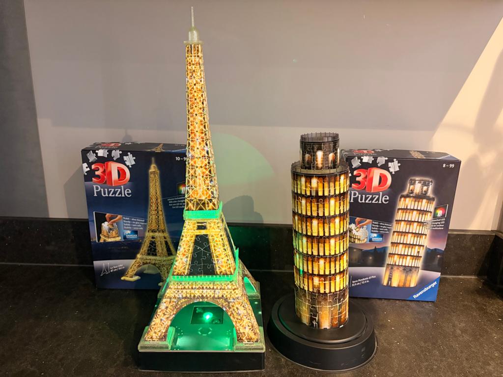 Ravensburger 3D Puzzel Eiffeltoren & Toren van Pisa LED, Ophalen of Verzenden, Minder dan 500 stukjes, Zo goed als nieuw, Rubik's of 3D-puzzel