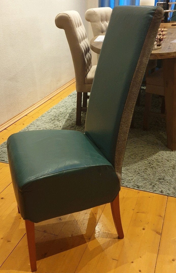 4 mooie groene leren stoelen met suede zijkant 4 x, Ophalen, Overige kleuren