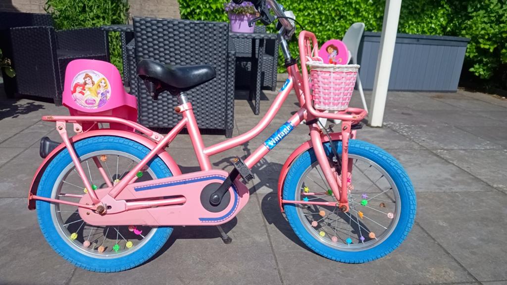 Meisjesfiets, 16 inch, stoer en lief, vintage, blauwe banden, Fietsen en Brommers, Ophalen, Gebruikt, 16 tot 20 inch