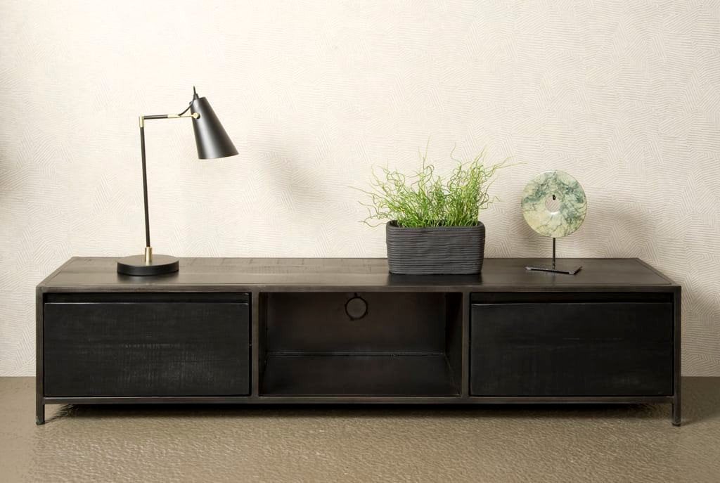 Tower Living TV-meubel Paterno NA 0102 - Zwart Mangohout, Overige houtsoorten, 150 tot 200 cm, Industrieel, Modern, Ophalen of Verzenden