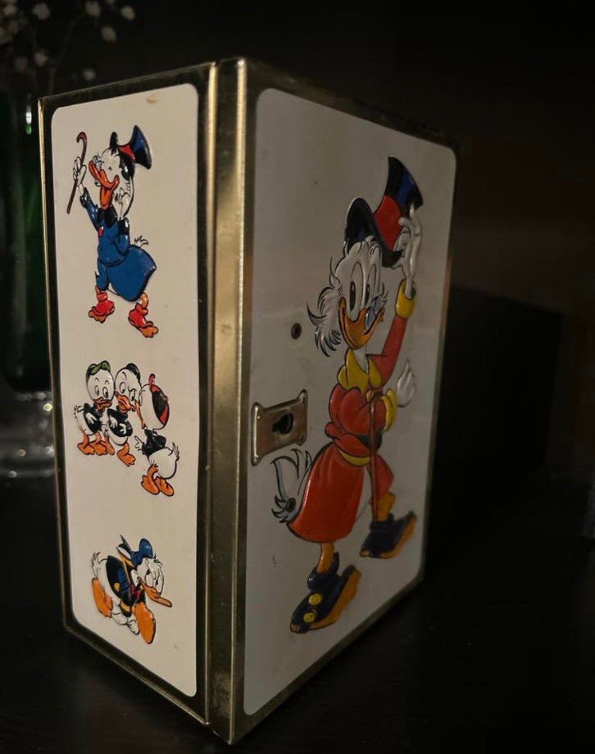 Vintage metalen spaarpot Dagobert Duck Royco, Verzamelen, Disney, Ophalen, Donald Duck, Gebruikt, Overige typen