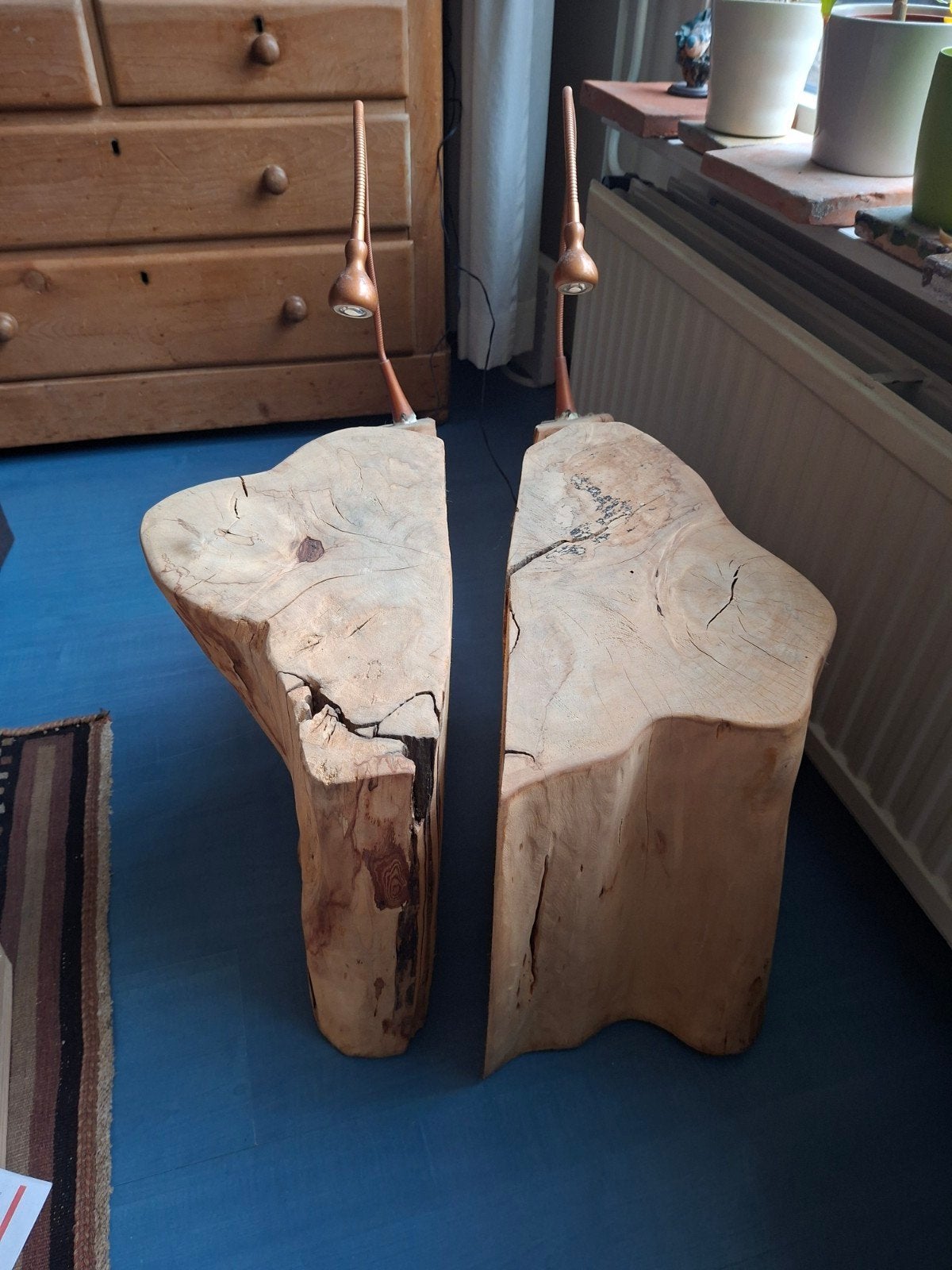 Unieke houten design lampen set - van massief boomstam., Ophalen, Overige merken, Overige fittingen, Zo goed als nieuw