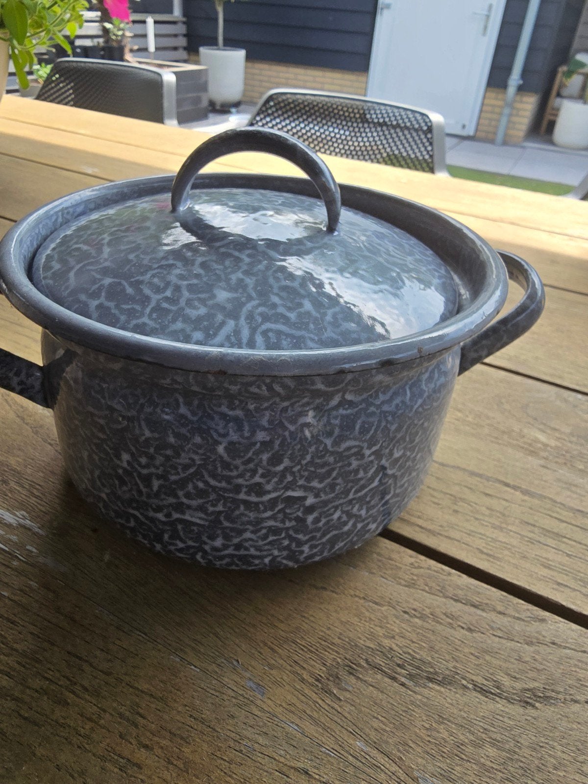 Emaille pan met grijze gewolkte afwerking., Ophalen of Verzenden